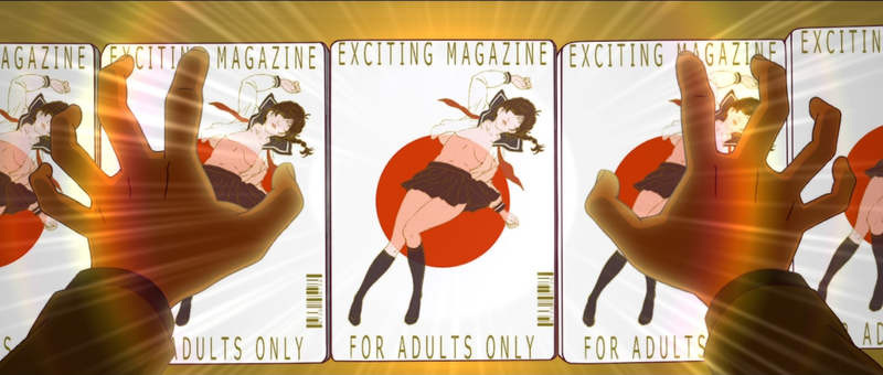 His encounter with Hanekawa arouses him so much, Araragi sprints straight to the newsagent (leaving a very cartoonish Araragi-shaped hole in the wall) in order to procure material for... personal relief.